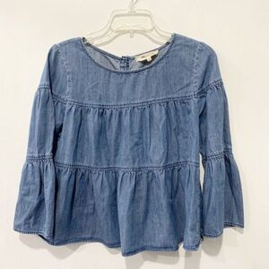 Madewell Size S Blue Cotton Lyocell Ruffle Button Back Peplum Top Tiered